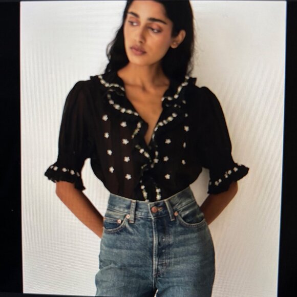 Doen Tops - DOEN Sz XL Hettie Top in Black with Embroidered Flowers